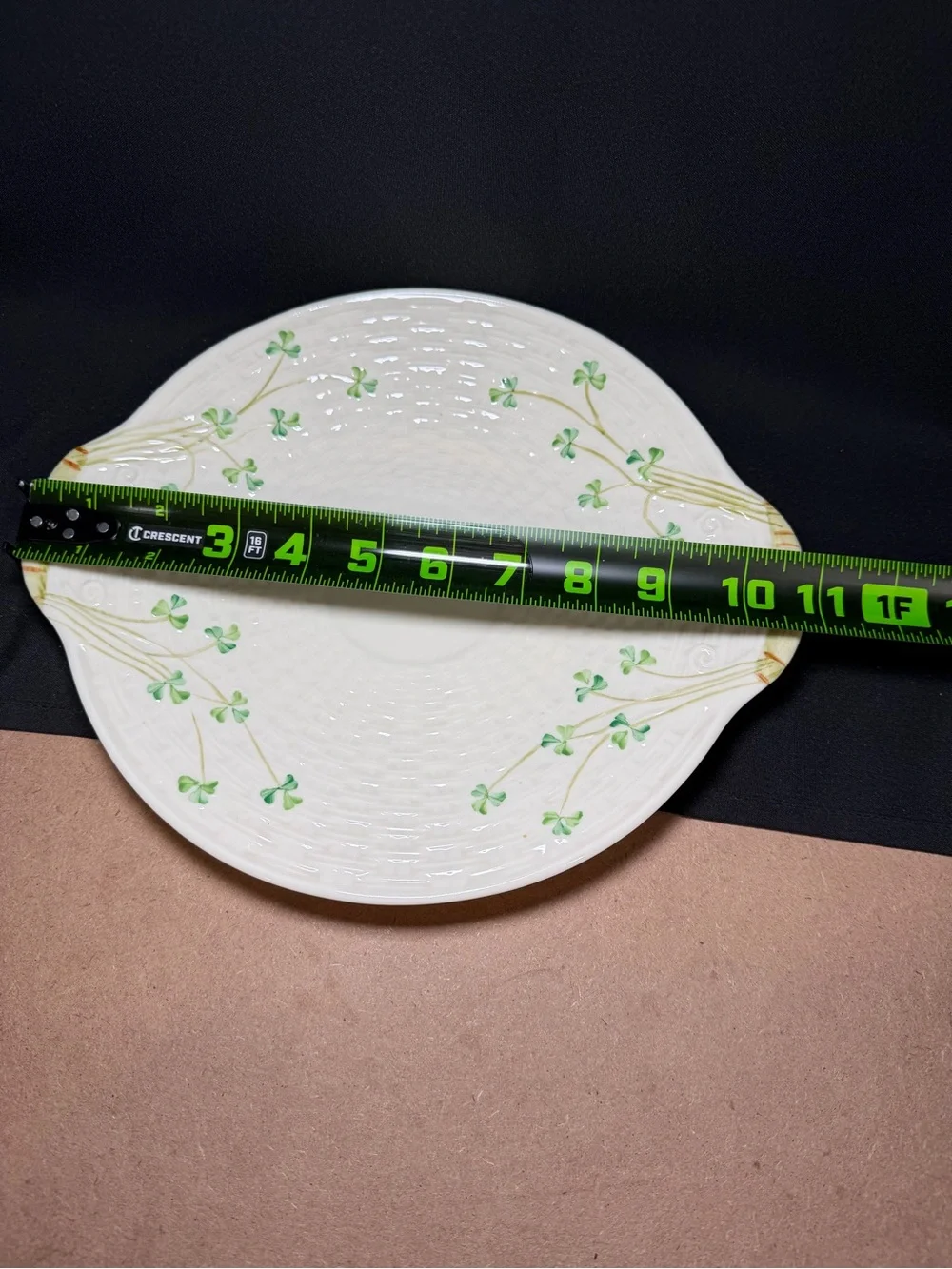 Vintage Belleek Shamrock Basket Weave Round Cake Plate Serving Tray Gold Mark